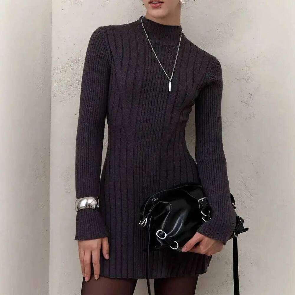 Knitting Women's 2025 Spring Knitted Dress Long Sleeve Semi-High Neck A Line Skirt For An Elegant And Playful Look Z260313