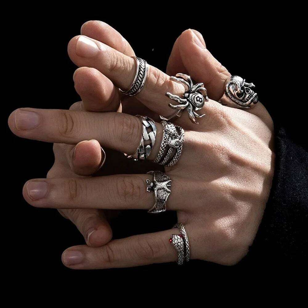 Y2K Trendy Punk Hip Hop Stainless Steel Men Ring Vintage Spider Bat Skull Two-headed Snake Rings Jewelry Gothic Accesorios Set H260312