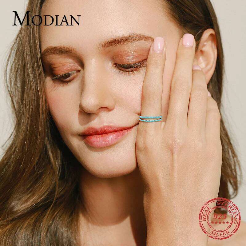 Modian 925 Sterling Silver Classic Exquisite Circle Turquoise Charm Stackable Finger Ring For Women Trendy Fine Jewelry H260312
