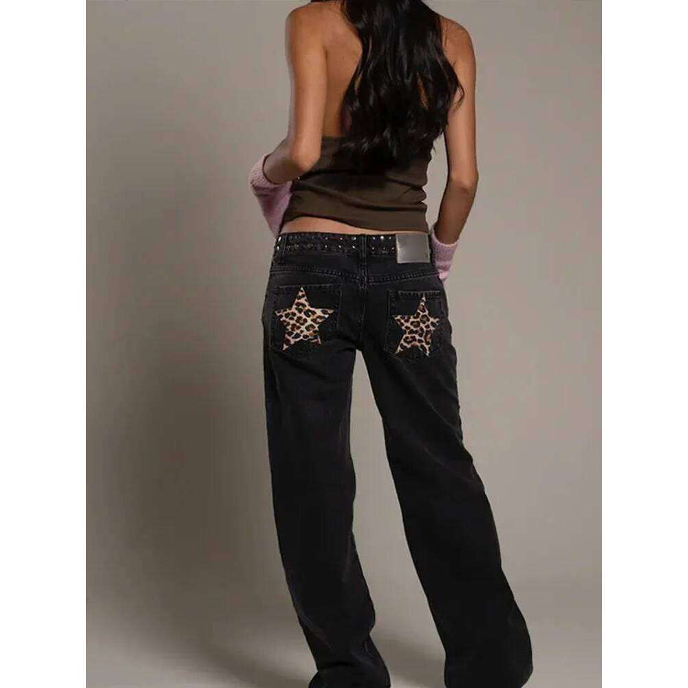 Patchwork Leopard Star Metal Rivet Jeans Y2k Denim Pants Women Female Baggy Dragging Hip High Street 2025 Casual Trousers Z260313
