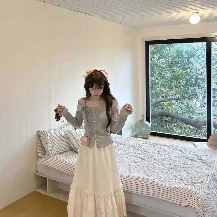 Fashion Sweet Off Shoulder Bow Lace Up Sweaters 2025 New Slim Fit Pink Tops Women Y2k Grunge Long Sleeve Cardigan Mujer Z260313