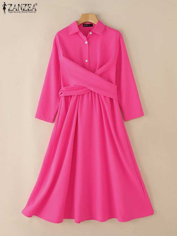 ZANZEA Women Street Fashion Crossover Waist Midi Dresses Elegant Long Sleeve Collared Shirtdress Commuting Solid Color RobesT260314