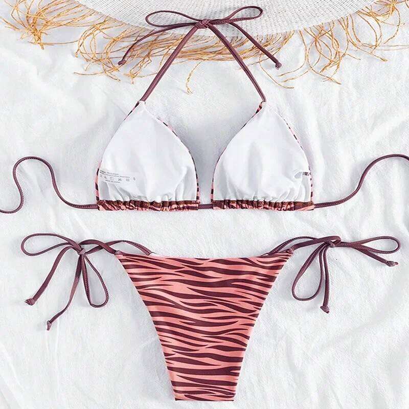 zebra striped micro bikini women halter push up bra triangle swimsuit Brazilian summer bathing swimwear 2024 swimming suit Y260303