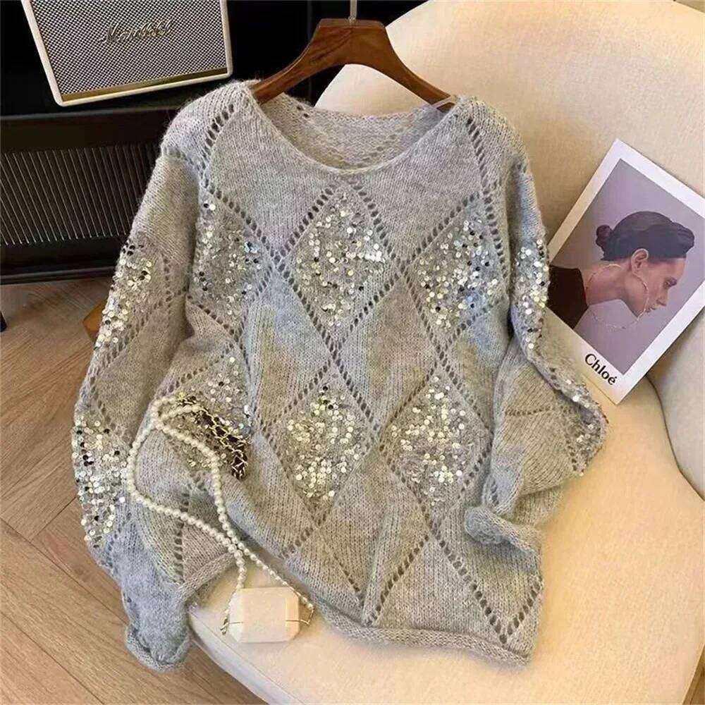 Sequined Hollow Out Pullover Female Casual Knitted All Match Thin Sweater Oversized Pullovers Tops Women Clothing Z260314