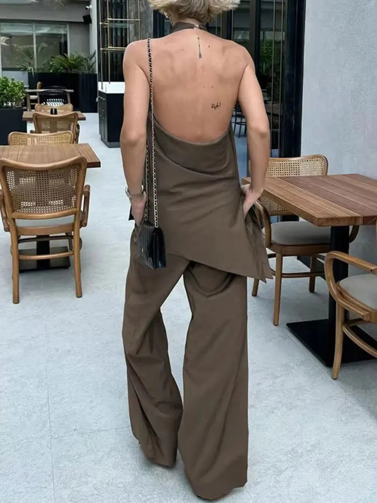 HH Women Vintage Solid Pant Sets Sexy Backless Halter Camis Top Asymmetric Tank Top Drawstring Trousers Fashion Streetwear 260309