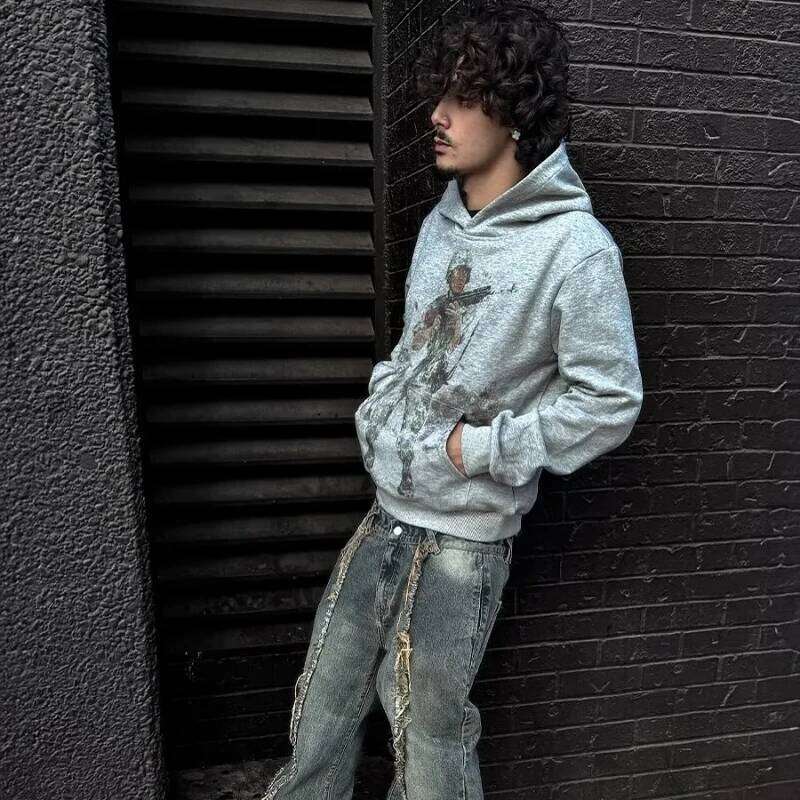 European American autumn winter sweatshirt pullover retro printing pictures men and women same gray loose hoodie Z260314