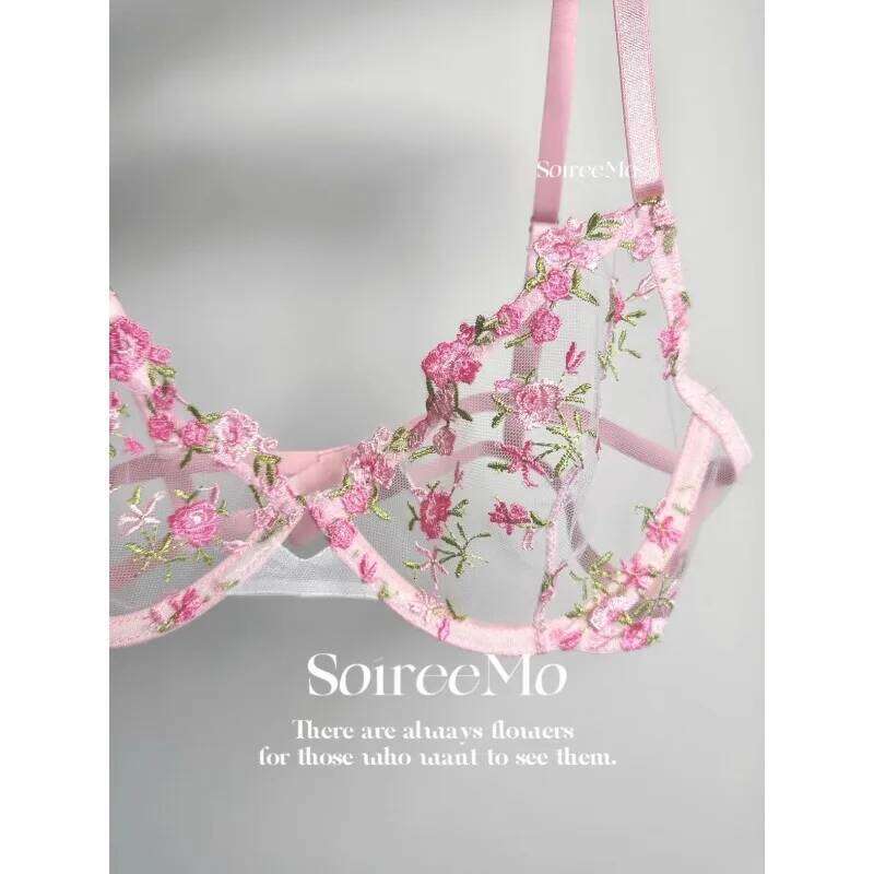 Kawaii Japanese Lingerie Sheer Tulle, Pink Floral Embroidery Bra Bralette, Pure Matching Set BANERDANNI Sexy Tushy Bras