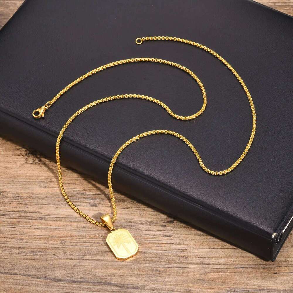 Hawaiian Tree Necklaces for Men,Stainless Steel Palm Trees Square Pendant Necklaces.Chic Stylish Jewelry Gift H260312
