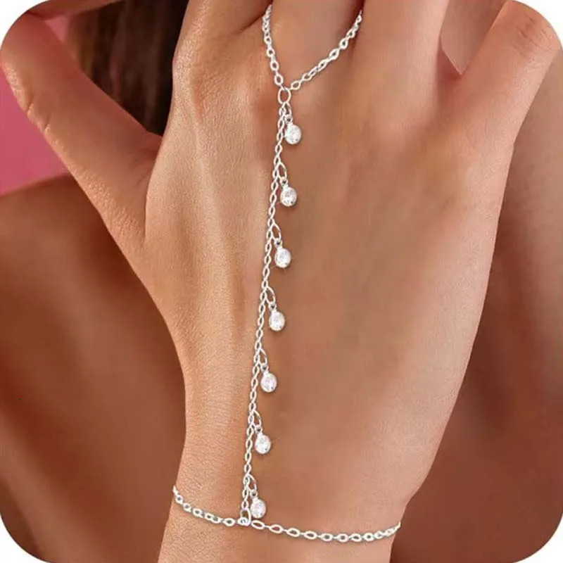 Stainless Steel Zircon Finger Bracelets for Women Trendy Metal Crystal Long Tassel Bracelets Rings Party Jewelry Accessories 260313