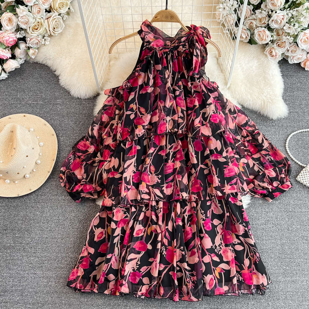 Designer Women's French Tea Break A14 Seaside Vacation Beach Skirt Sweet Backless Collar Off Shoulder Loose A-line Chiffon Dress