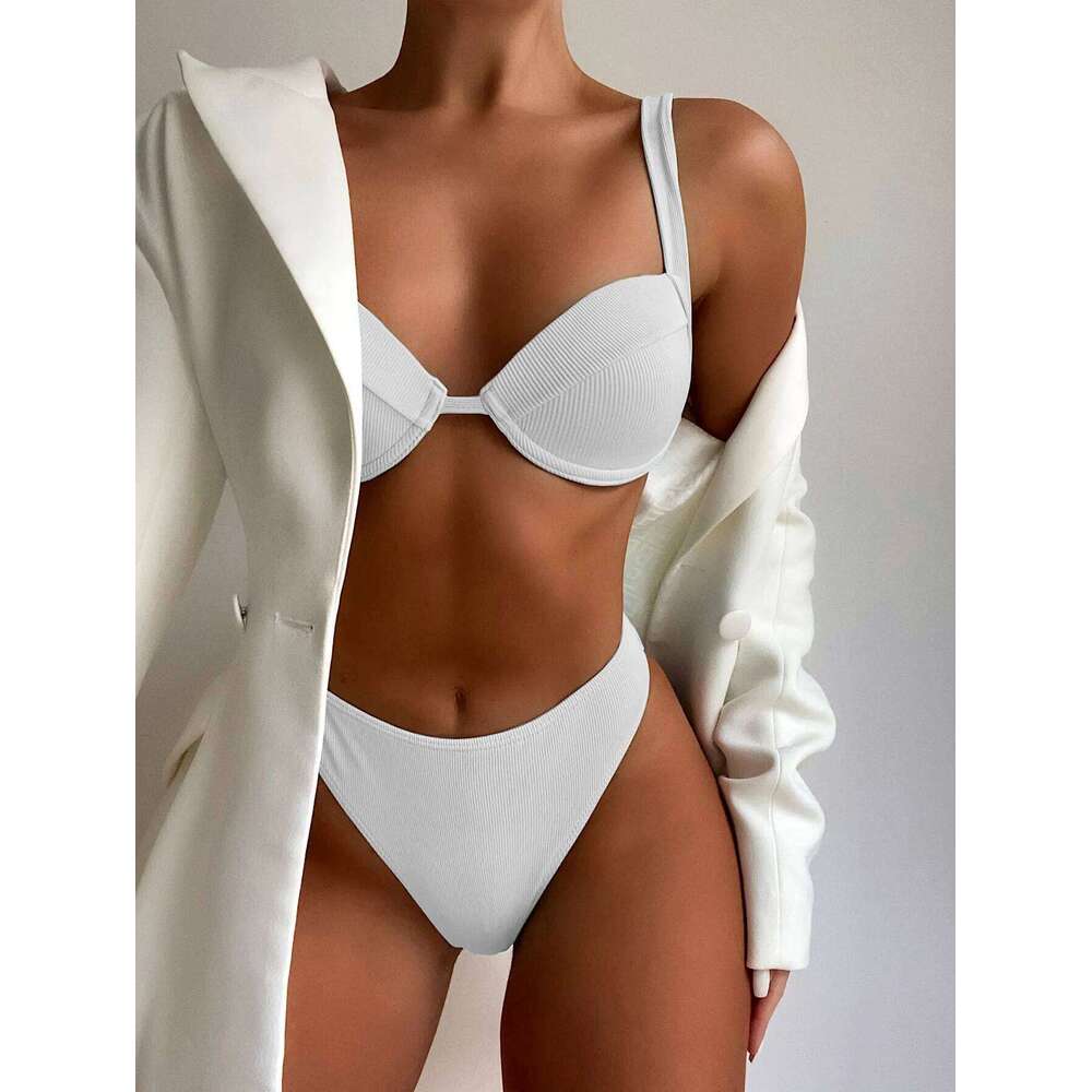 Women's High Waist Bikini, Underwire Padded Push Up Swimwear, Solid Black, White, Yellow, Green, Women Swimsuit, Bathing Suit Y260303