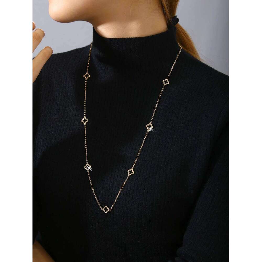 Elegant Stainless Steel 18K Gold-Plated Openwork Diamond-Studded Cr Long Necklace For Women H260312