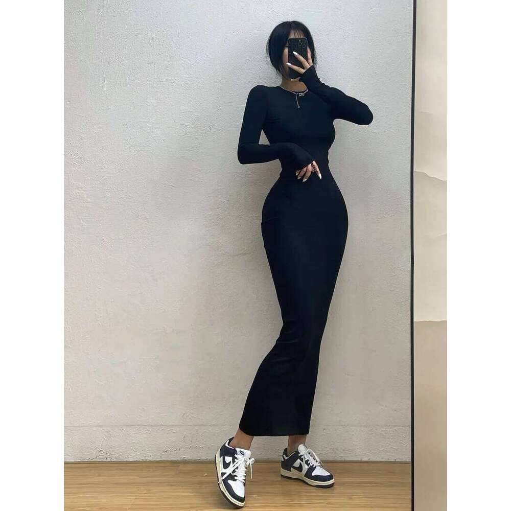 WOMENGAGA Simple Dress Round Neck Long Sleeve Tight Slim Maxi Dresses Elegant Fashion Korean Women Robe DEH8 Z260314