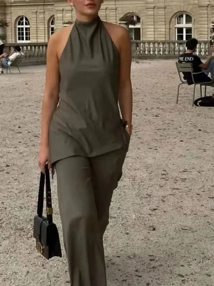 HH Women Vintage Solid Pant Sets Sexy Backless Halter Camis Top Asymmetric Tank Top Drawstring Trousers Fashion Streetwear 260309