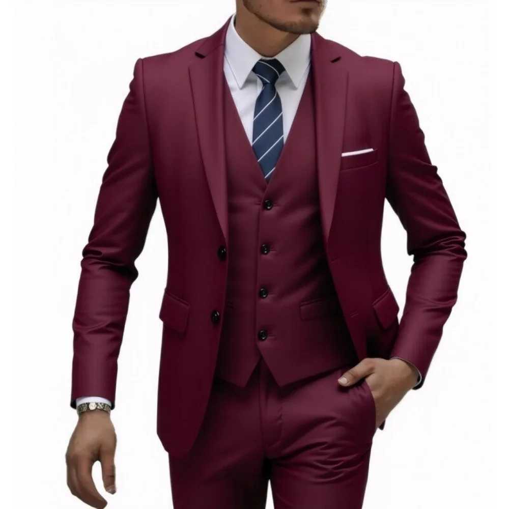 Elegant Rose Red 3-Piece Slim Fit Mens Suit Double Breasted Blazer Vest Pants Set for Wedding Groom Tuxedo Business Party a08 M260313