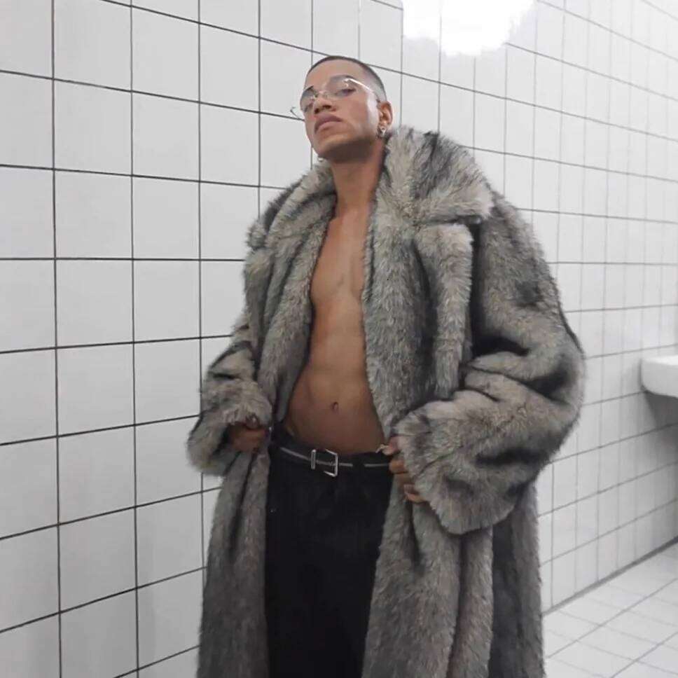 Men Faux Fur Jacket Long Coat Full Length Thick Fluffy Warm Shaggy Outerwear Business Turn Down Collar 2025 Winter Overcoat Z260313