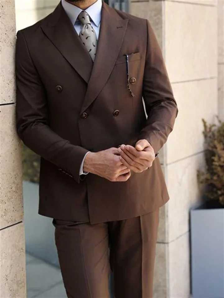 2 Piece Chic Brown Male Suit Slim Fashion Peak Lapel Business Causal Clothing Prom Wedding Party Tuxedo Costume Homme M260313