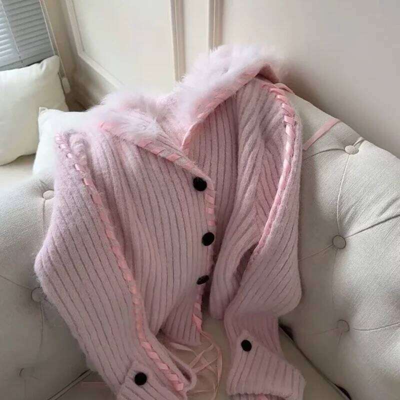 Fur Patchwork Turn Down Collar Cardigan Coat Autumn Clothing Fashion Korean Knitted Sweater Y2k Single Breasted Tops Pull Femme Z260313