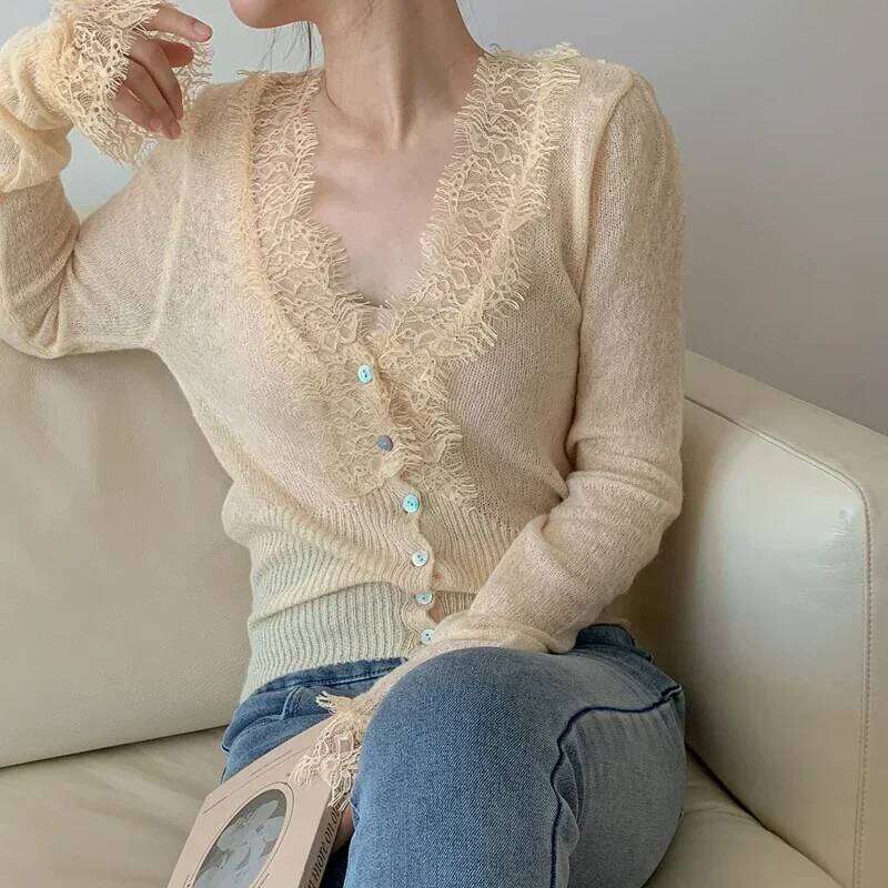 Seoulish Vintage Lace Knitted Cardigans for Women 2024 New Autumn Winter Solid Casual Slim Korean Style Ladies Tops Female Z260313