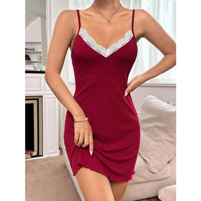 Women's Sexy Lace Sleep Summer Sleeveless Ribbed Nightgowns Women Casual Elastic Loungewear Mini Dress