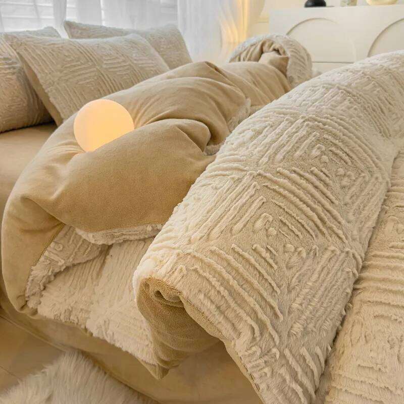 2025 winter model carved rabbit fur milk four-piece set coral fleece thickened bed quilt cover fitted sheet kit H260312 - view 5