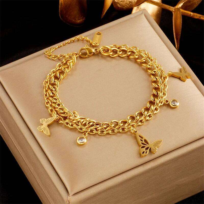 Titanium Steel Butterfly Pendant Bangles Bracelets For Women Girl Fashion Gold Color Non-fading Wrist Chain Jewelry Gift Z260313