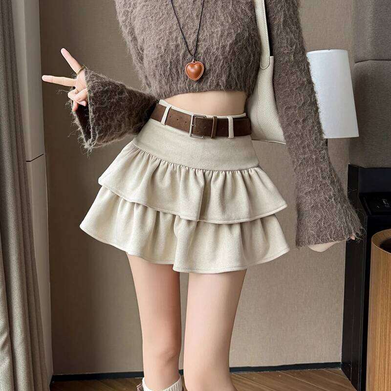 Seoulish High Waist Vintage Velvet Women's Cake Short Skirts with Belted 2025 New Autumn Winter Ruffles A-line Mini Skirt Female Z260314