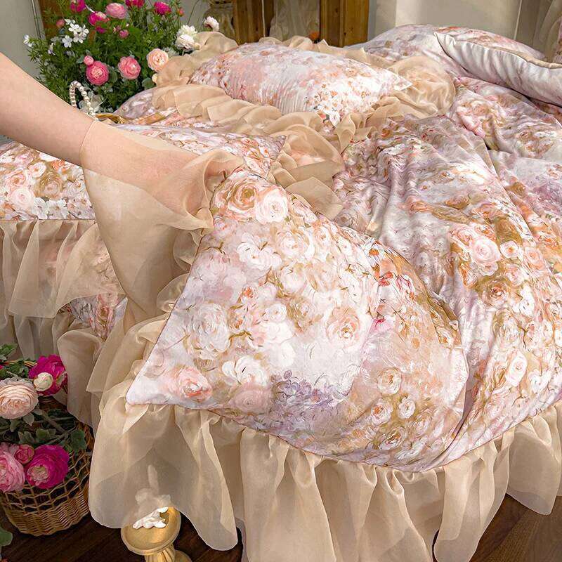 Flower Printed Duvet Sets with Ruffles Queen/King Quilt Cover Silky housse de couette Princess Style funda nordica 220x240 H260312 - view 4