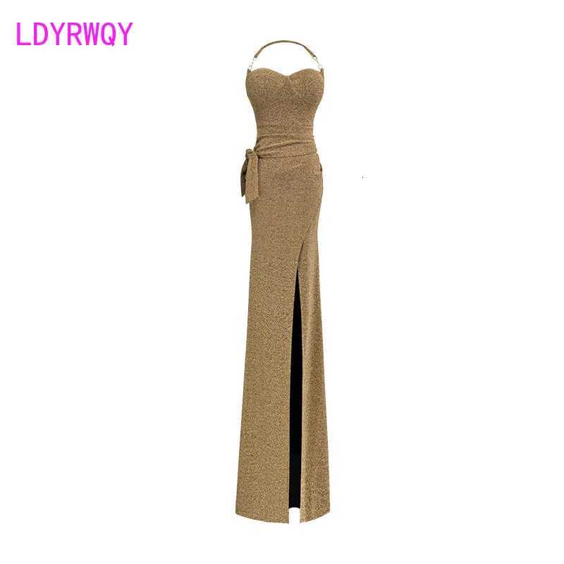 Sexy low cut hanging neck slit floor dragging womens long dress annual party temperament host dress socialite banquet dressT260316