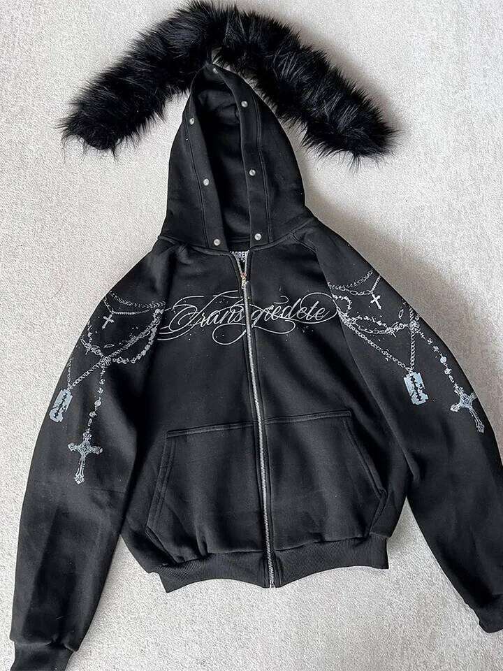 Winter Fashion Streetwear Women's Gothic Punk Faux Fur Hooded Jacket With Cross Print Trendy Edgy Zip - Up Sweatshirt 2026 New 26Y0313