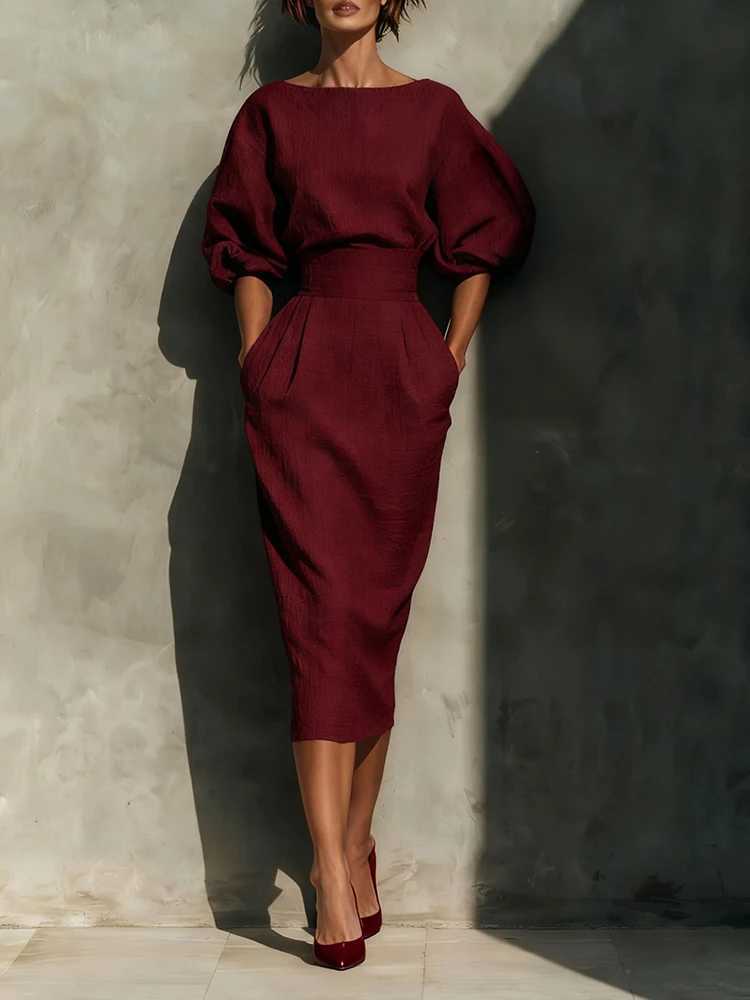 Elegant Fashion Solid Party A-lien Dress Casual O-neck Lantern Sleeve Pocket Dress Temperament High Waist Pleated Wrap Hip DressT260316