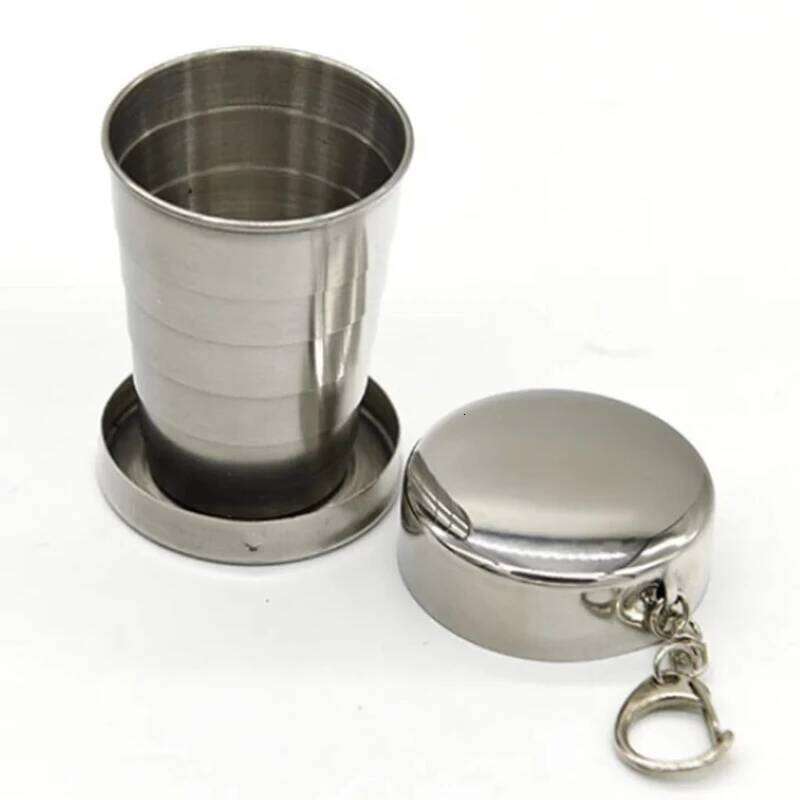 1Pc 75ML Keychain Stainless Steel Retractable Cup Teacups Teaware Folding Glass Z260313