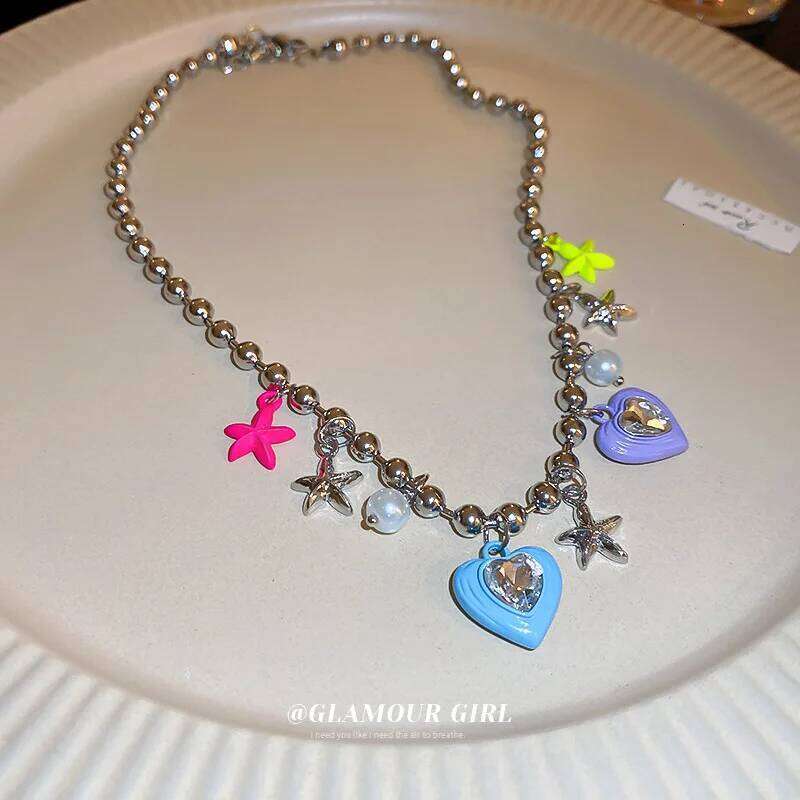 Korean Fashion Colorful Star Pearl Crystal Pendant for women Aesthetic Jewelry Beaded Necklace Clavicle Chain Y2K H260312