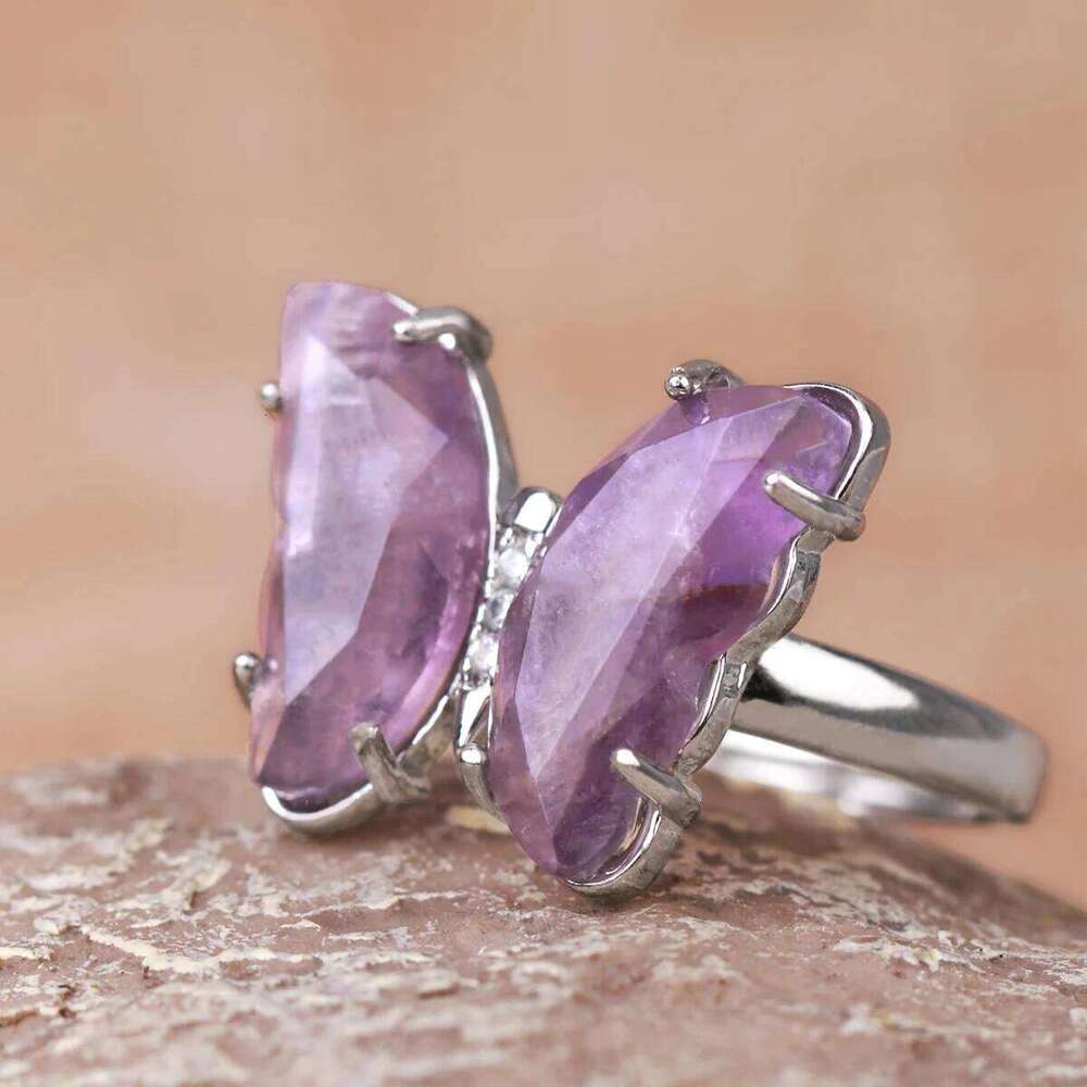 Gold Color Crystal Ring Natural Gemstone Butterfly Rings for Women Amethysts Lapis Lazui Pink Quartz Adjustable Engagement H125 H260312