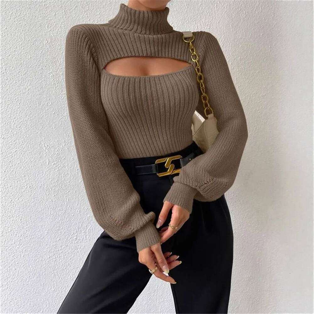 Autumn Women's Turtleneck Design Hollow Solid Color Long Sleeve Warm Pit Strip Fashion Winter Pullover Female Sweater Z260313