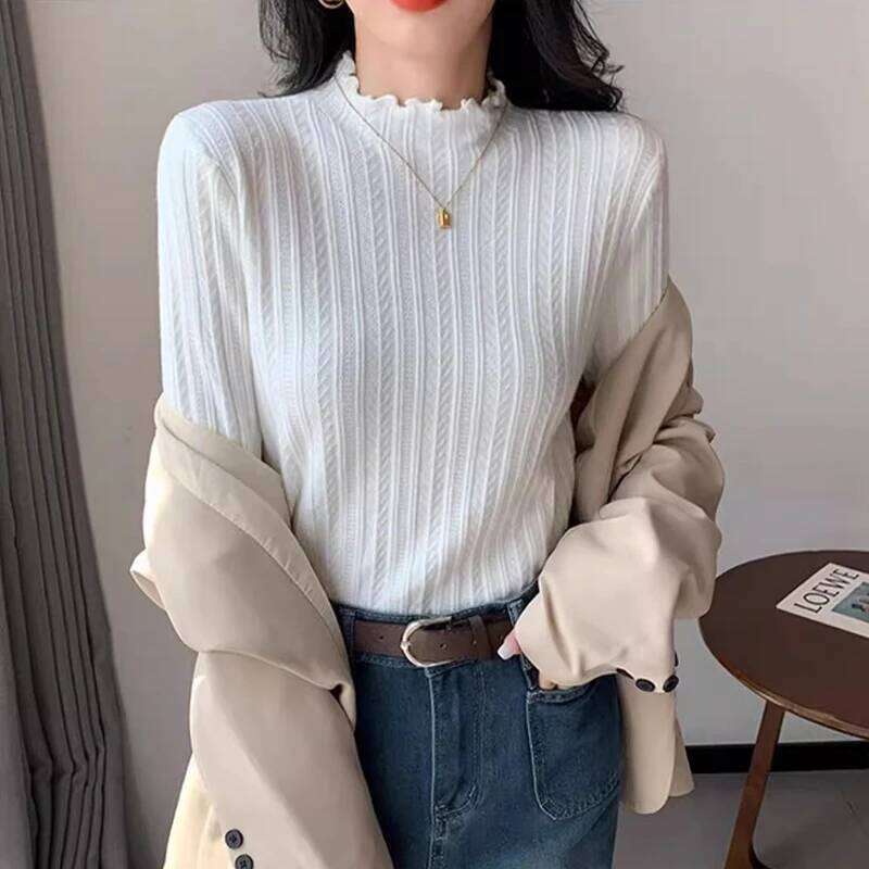 2025 Autumn Winter Long Sleeve Women Mock Neck Sweater Casual Knitted Pullover Korean Fashion Slim Ladies Warm Tops Z260313