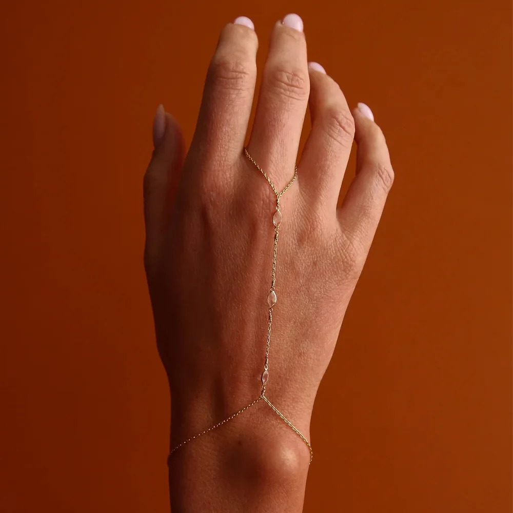 Fashion Mini Waterdrop Crystal Hand Chian Gold Color Link Chains Finger Ring Bracelet for Women Stainless Steel PVD Wed Jewelry 260313