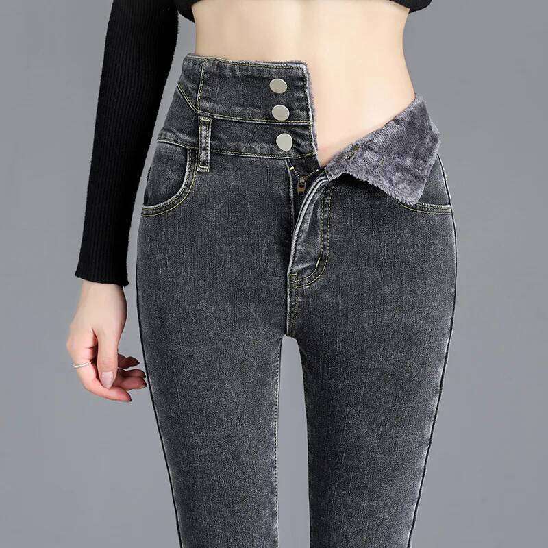 Thermal Winter Fleece High-waist Warm Skinny Thick Women Stretch Button Pencil Pants Mom Casual Velvet Jeans Z260313