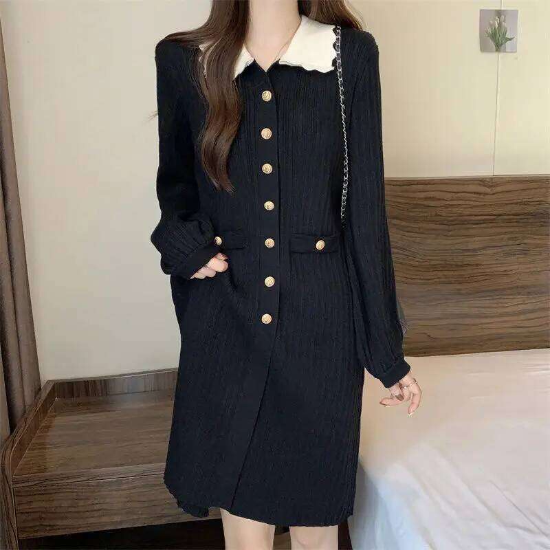 Casual Doll Collar Knitted Midi Dress Women's Clothing Solid Color Spring Autumn Single-breasted Long Sleeve Straight Dresses Z260313