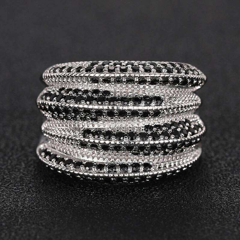 Huita Hiphop Women Rings Inlaid Black Sparkling Cubic Zirconia Special Party Accessories Silver Color Charming Unique Jewelry H260312