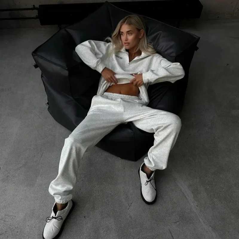 Spring Womens Tracksuit with Zipper Cotton Oversize Classic Pink Two Piece Set Women Casual Yellow Trouser Suits for Women M260313