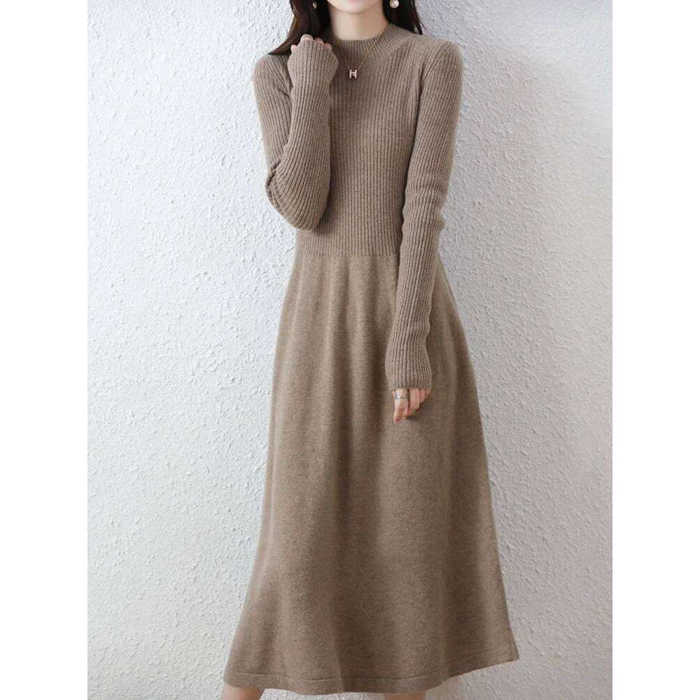 Autumn Winter Women's Dress Sweater Mock Neck Pullover Thick 100% Merino Wool Knitwear Chic Soft Cashmere Skirts A-Line Top Z260313