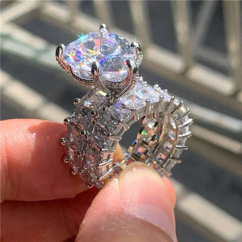 Vintage Full Princess cut Ring Sets Silver Color AAAAA Zircon Engagement Wedding Band Rings For Women Men Party Jewelry H260312