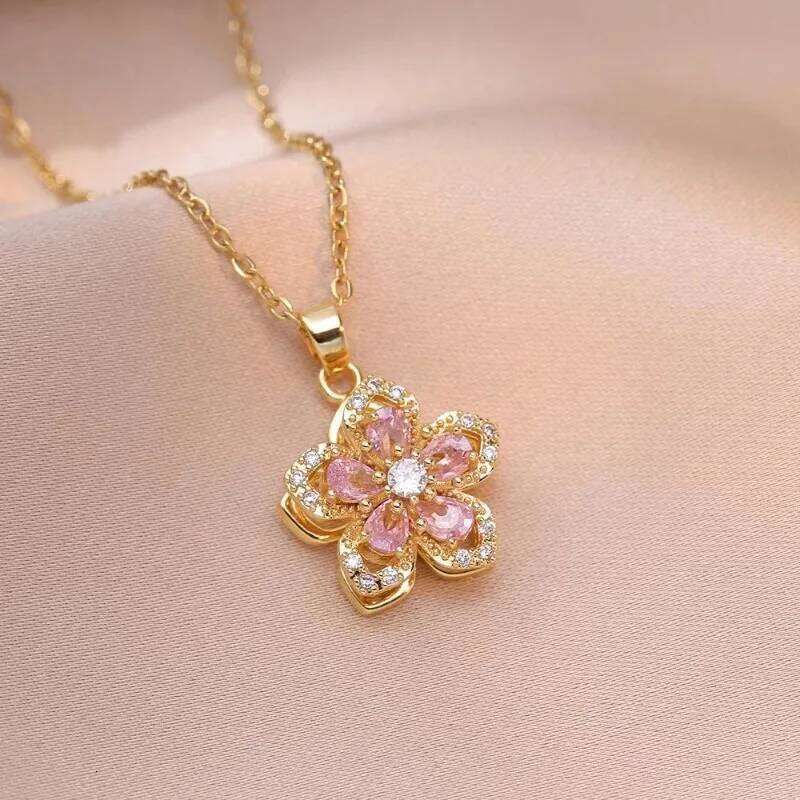 Light Shiny Zircon Rotatable Flower Pendant Necklace for Women Stainless Steel Romantic Spin Floral Plant Choker Jewelry H260312