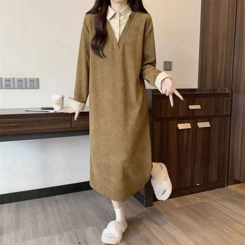 Design Sense Fake Two Items Women Autumn Lazy Wind Panelled Turn-down Collar Shirt Patchwork Loose Temperament Midi Dress Z260313