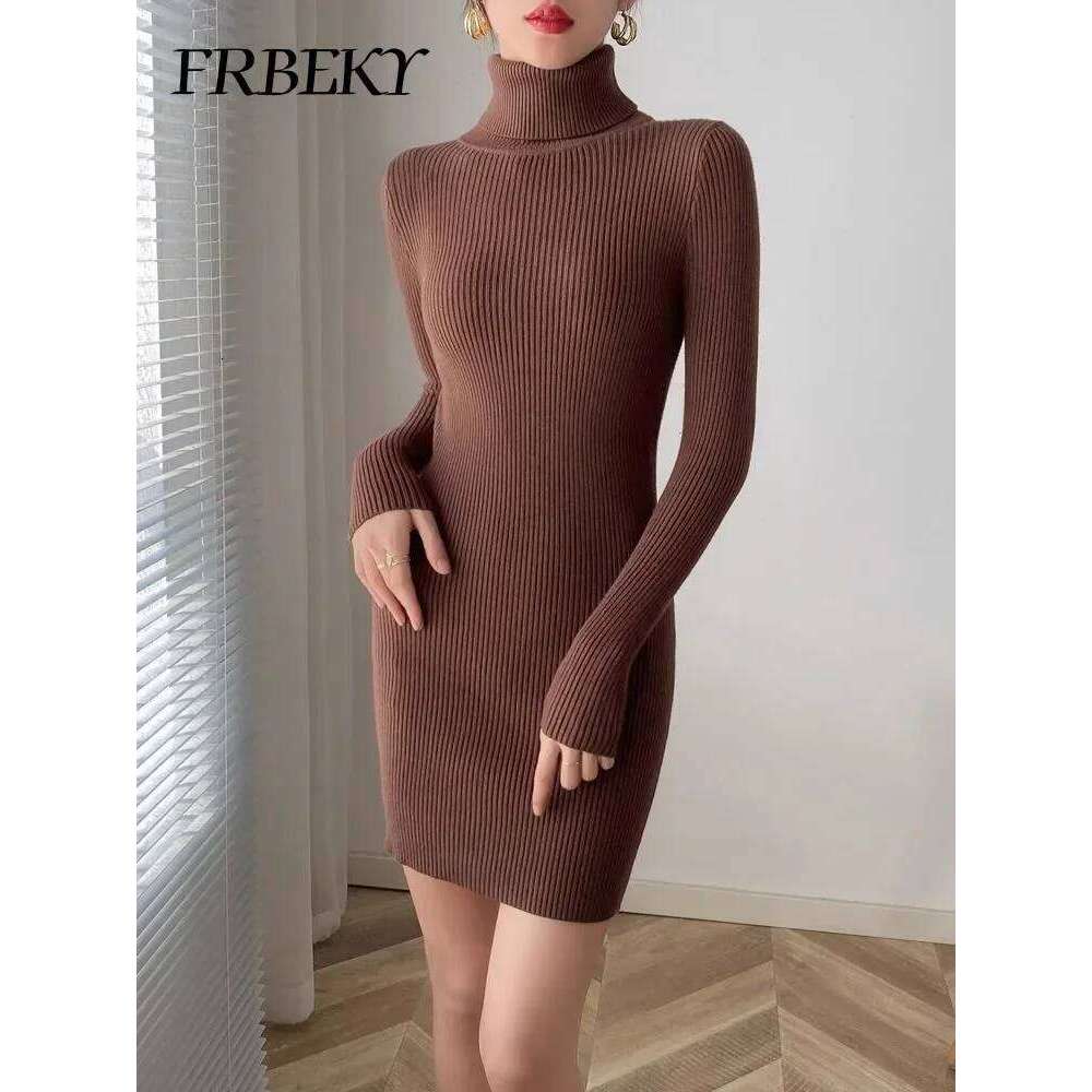 Autumn New Korean Turtleneck Knitted Pure Color Bodycon Sweater Dress Office Lady Pullover Casual Elegant Knitwear Jumper Z260314