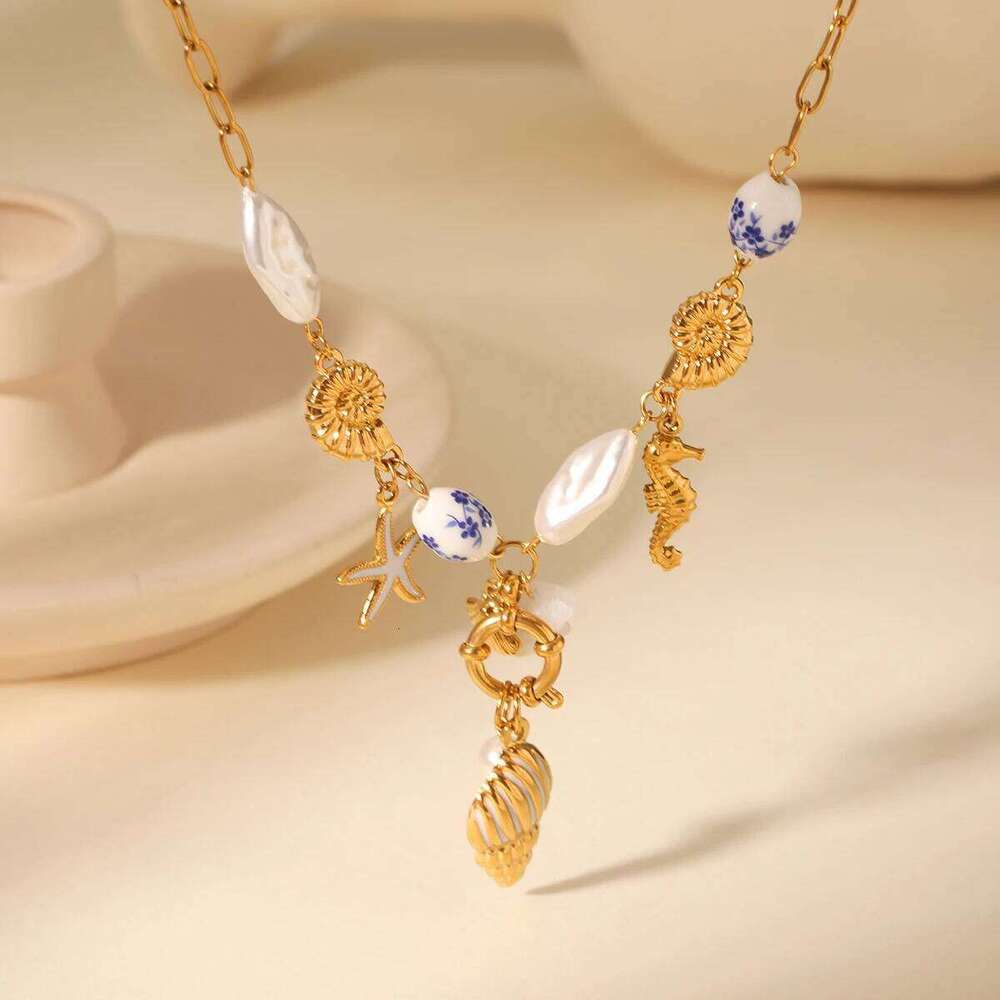 Sea Breeze Conch Freshwater Pearl Pendant Waterproof Stainless Steel Necklace Charms Women Accessories Gifts H260312