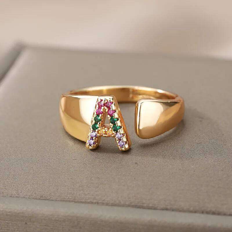 Rainbow Zircon Rings For Women Fashion Chunky Wide Letter A-Z Stainless Steel Ring Wedding Boho Jewelry Gift 2025 H260312