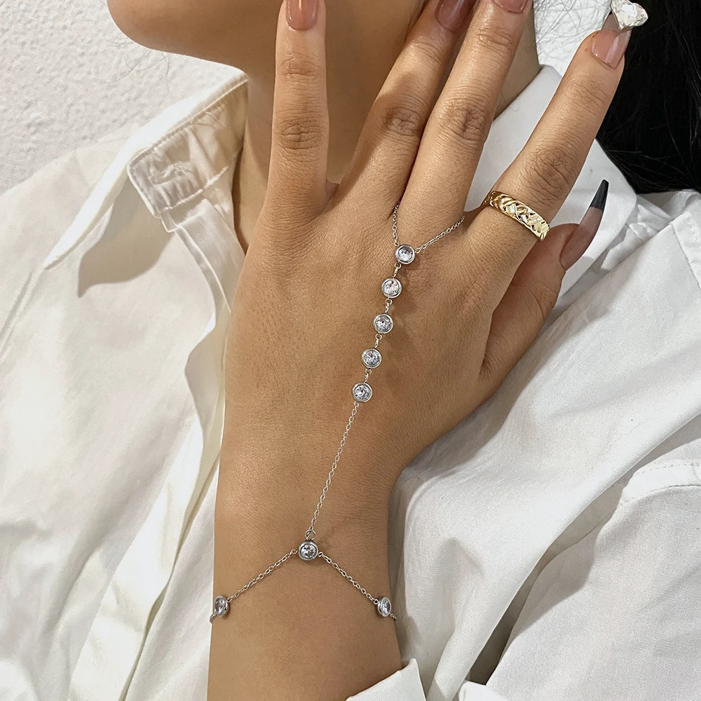 Zircon Beads Chain Bracelet for Women Link Connected Stainless Steel Silver Color Finger Ring Bracelets Hand Harness Jewelry 260313
