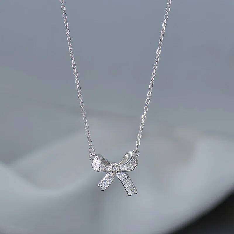 Silver Color Bow Clavicle Chain Fashion Acrylic Crystal Pendant Necklace For Women INS Jewelry Kpop Accessories H260312